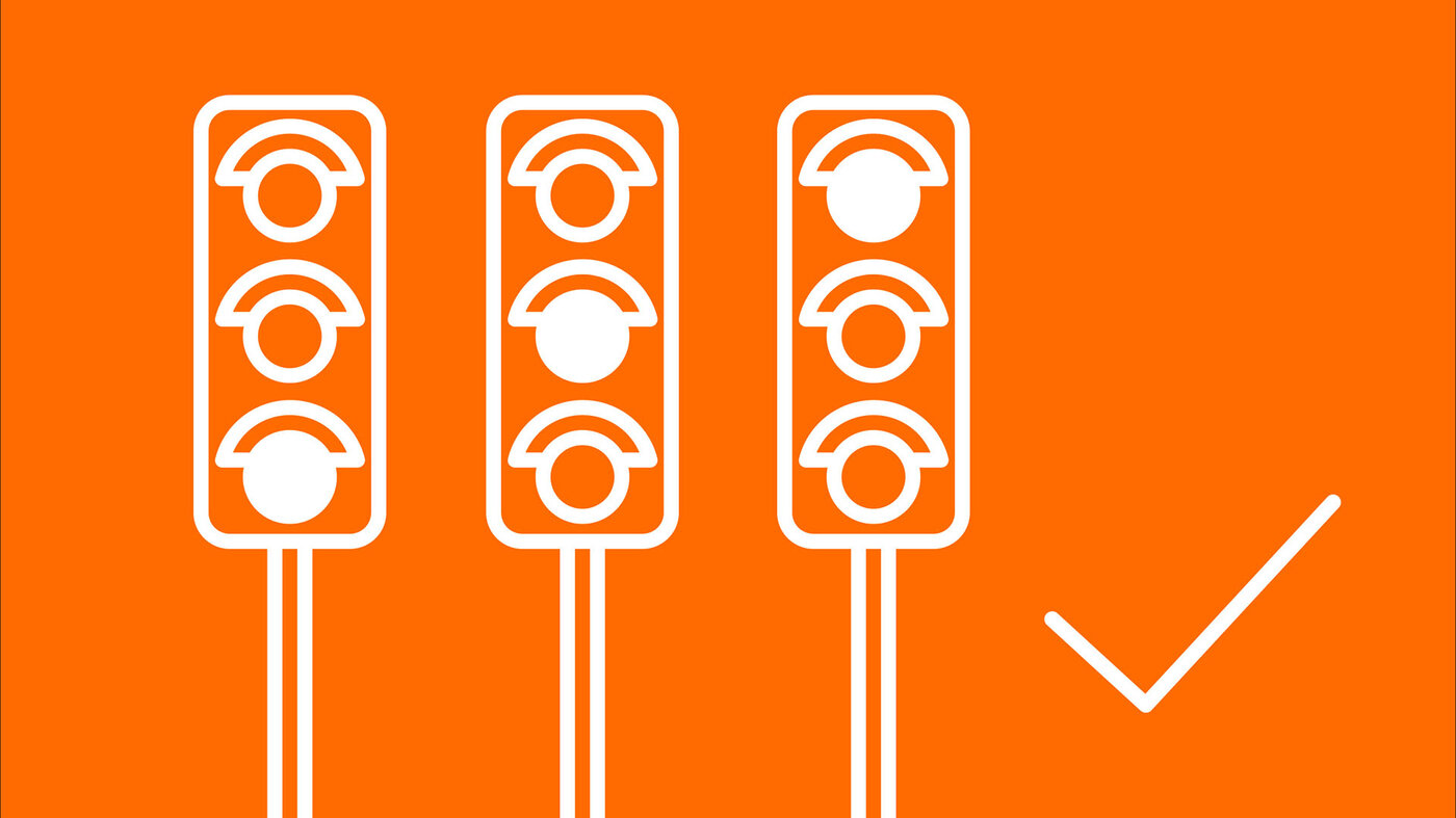 Grafik mit drei Ampeln in unterschiedlichem Zustand. Daneben befindet sich ein Icon von einem Haken.