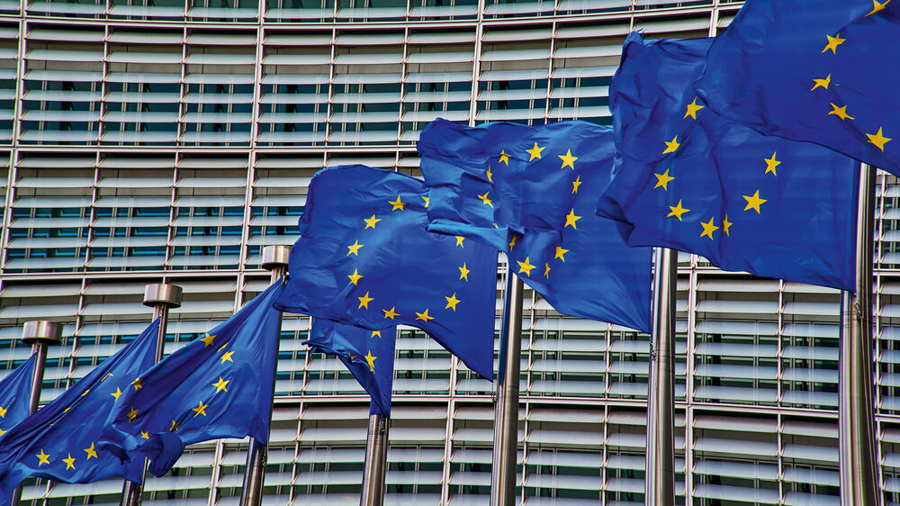Eine Reihe blauer Flaggen der Europäischen Union mit gelben Sternen wehen vor einer modernen Glasfassade. Die Flaggen sind hintereinander auf hohen Masten aufgereiht.