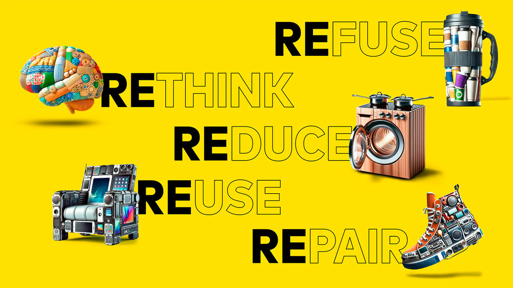 Grafik zu den fünf Prinzipien der Abfallvermeidung: Refuse, Rethink, Reduce, Re-Use und Repair