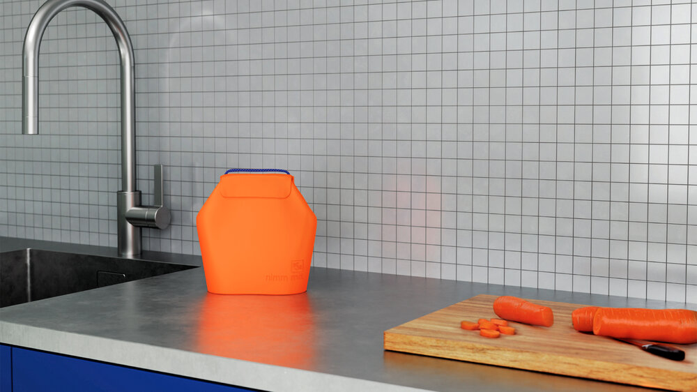 Produktentwurf für einen orangefarbenen Bioabfallbehälter als Ergebnis eines studentischen Designprojekts