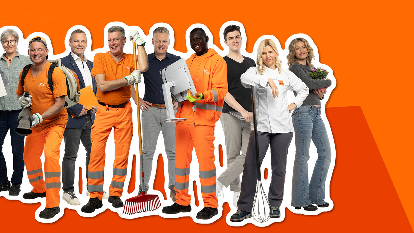 TeamOrange-Motiv mit Beschäftigten aus mehr als 60 Berufsfeldern der BSR